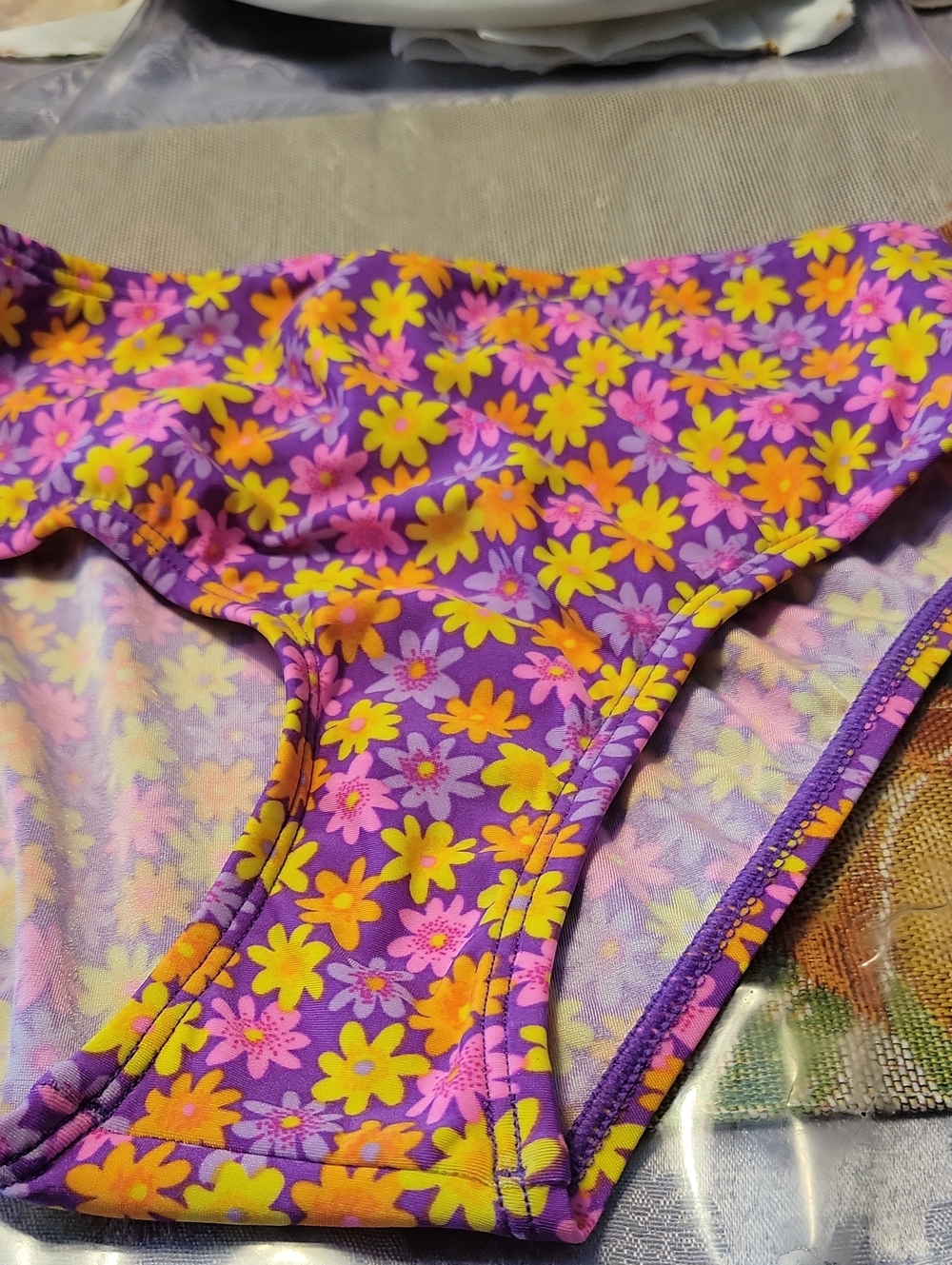 Purple Floral Bikini Bottoms with Yellow & Pink Flowers